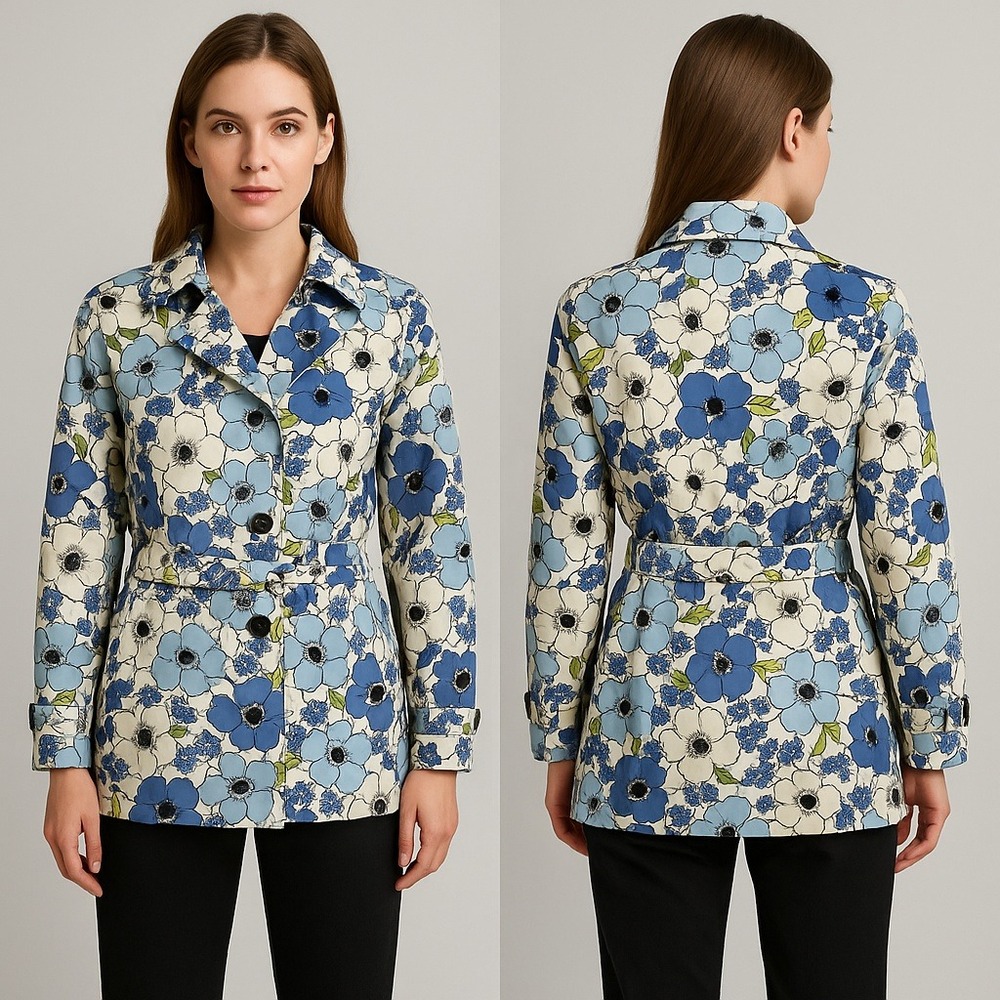 Vtg. Eddie Bauer Floral Print Belted Trench Coat Spring Jacket‎ Blue White Small